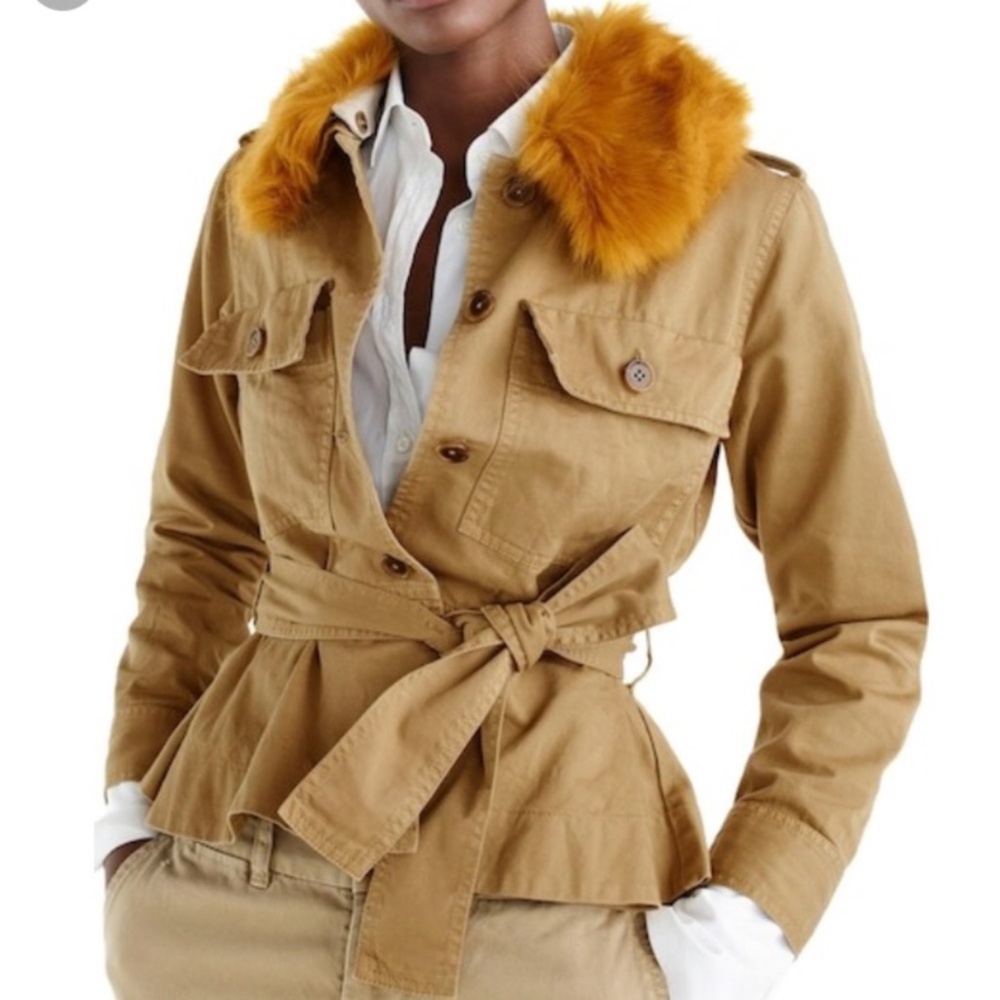 J. Crew Peplum Chino Faux Fur Collar Safari Utility no Belt Size XS